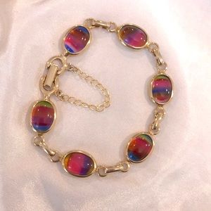 Vintage Sarah Cov Colourful Rainbow Glass Bead & Gold Bracelet